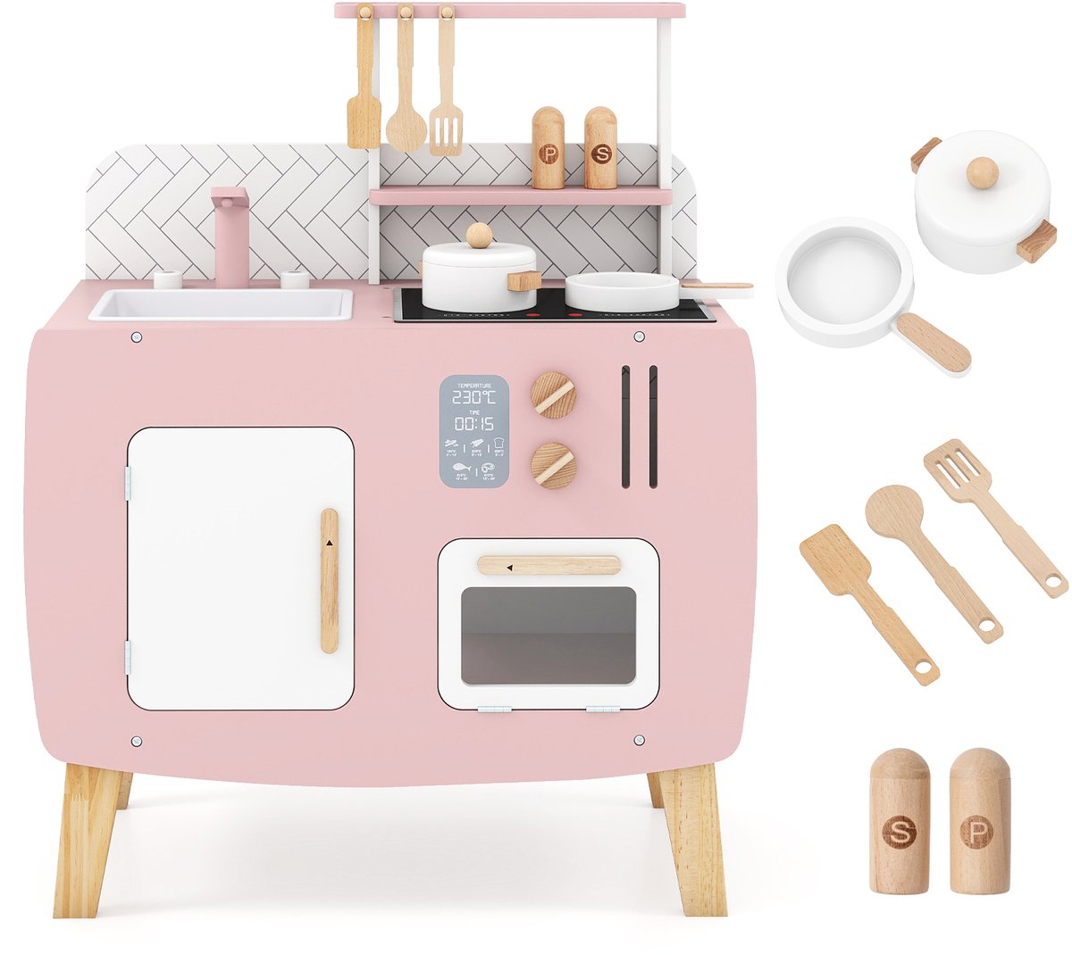 COSTWAY Kinderkeuken hout, speelkeuken met fornuis, gootsteen, kraan en oven, mini-keuken met kookgerei, opbergkast en planken, speelgoedkeuken voor kinderen vanaf 2 jaar