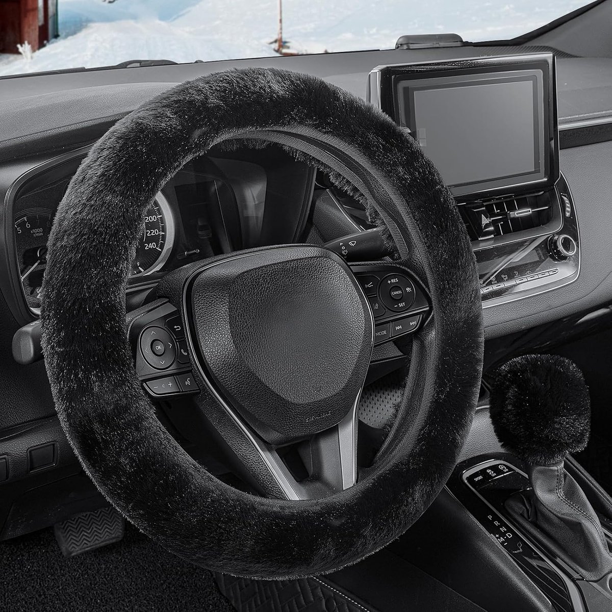 1 set van twee stuks - Auto stuurbehuizing - Stuurbehuizing set - Zacht pluis- Premium zacht kort pluis winter auto stuurbehuizing - 38 cm - Anti-slip - Warm - Winter auto-accessoires - Zwart