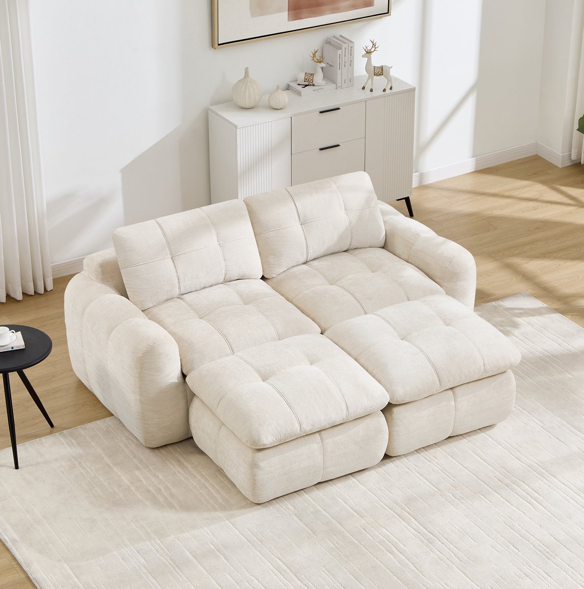 REDOM - Bank - Modulaire 2-zitsbank zonder frame - Karosteppatroon - Chenille bekleding - Vrij te combineren - Woonkamer en appartement - Beige - 194 x 160 x 68 cm