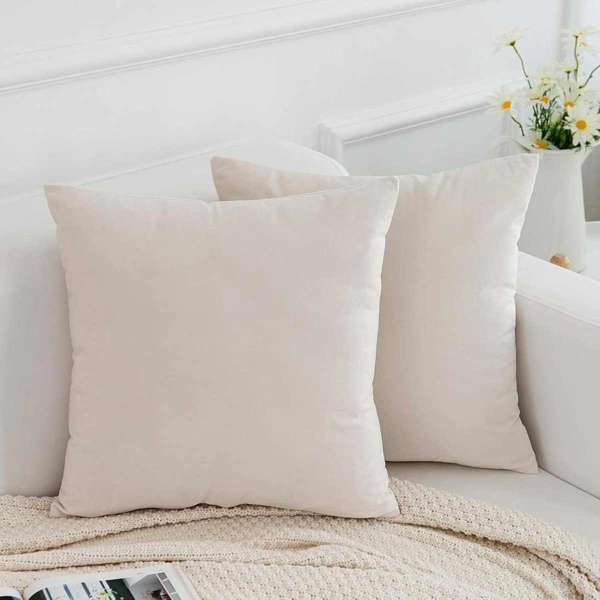 Kussensloop - Wit - 45 x 45 cm - Fluweel met Gestreept Patroon - Set van 2 voor Woonkamer Decoratie