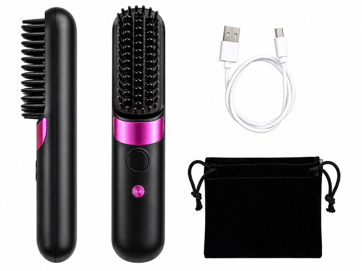 Draadloze To-Go Haarstijlborstel Touch Up met Digitale Display – Oplaadbare Stijltang Borstel 4 Temperaturen (140-199°C) Keramisch voor Steil & Krullend Haar