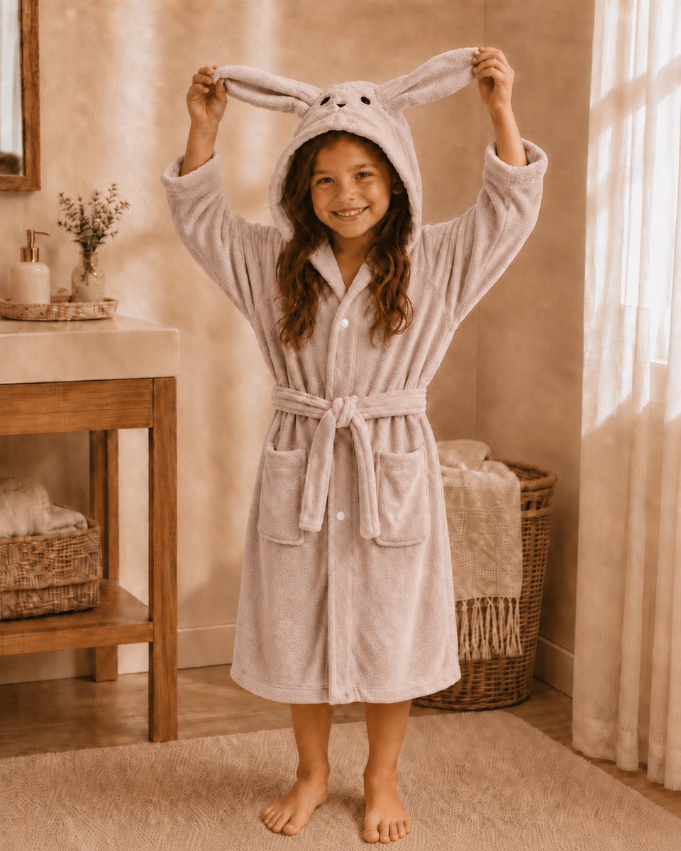 Kinderbadjas | Taupe | 3 - 8 jaar | Met drukknopen | Konijn | Badjas | Polyester | Kind