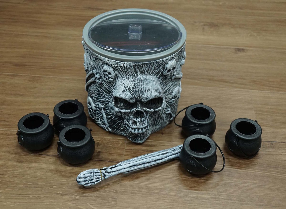 IJsemmer doodskop met ijsklem + 6 kleine heksen ketels - halloween decoratie - horror tafel decoratie - stoere ijsemmer - horror pakket tafeldecoratie - griezel feestje