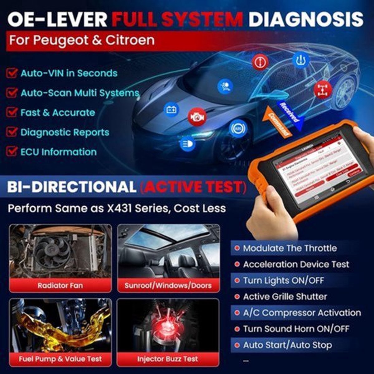 Diagnoseapparaat – OBD2 Scanner – Uitleesapparaat – Diagnose Tool – Auto Diagnose – Bidirectionele Controle – 50+ Speciale Functies – ECU Codering