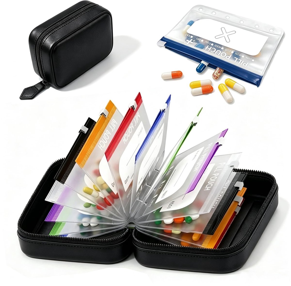 Casalora® Medicijn Organizer voor Reizen – Waterdichte Opbergtas met 14 Kleurgecodeerde Ritszakjes – Voedselveilige Opbergzakken – Compacte Reisopberger – Zwart
