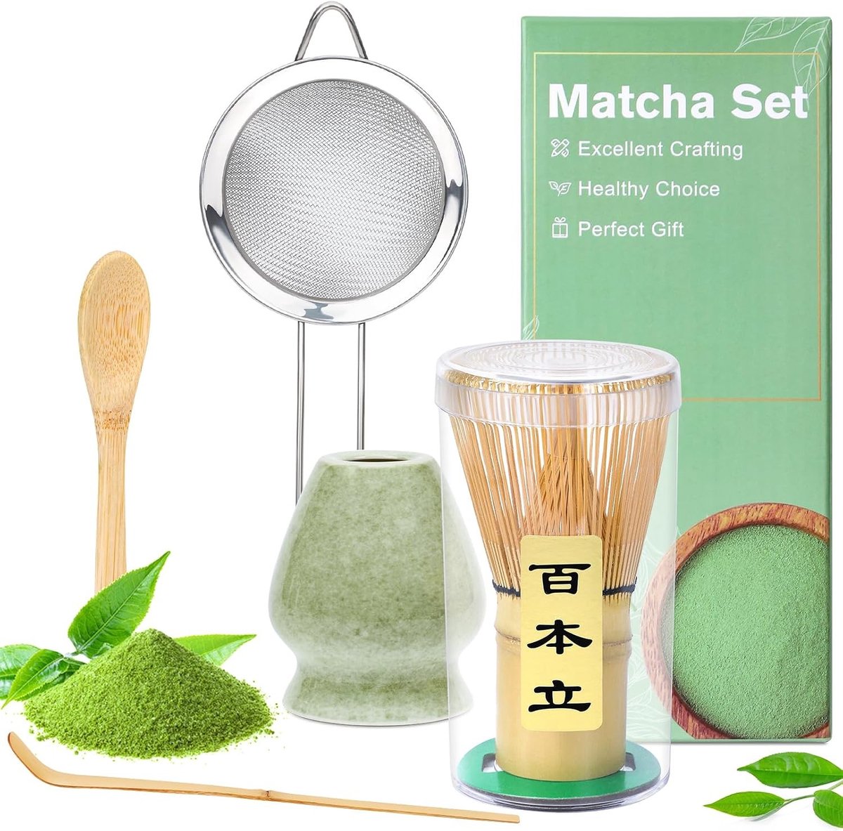 Matcha glazen - Groen - 5-delige Matcha Theeset met Bamboe Klopper en Zeef - Compleet voor Thuisgebruik