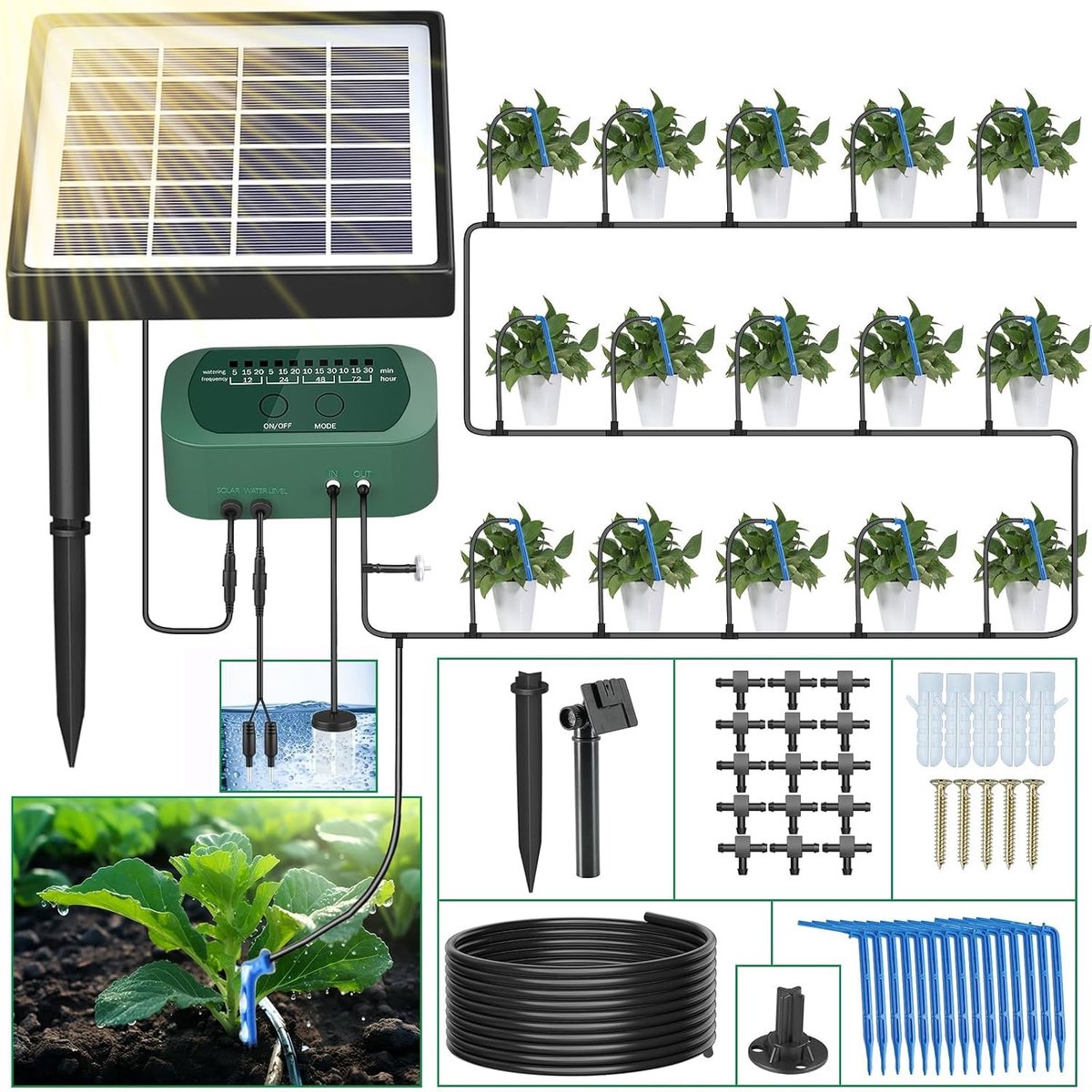 Irrigatiesysteem op zonne-energie - 15 meter tuinslang - Automatische druppelirrigatie met 12 synchronisatiemodi - Voor binnen- en buitentuin