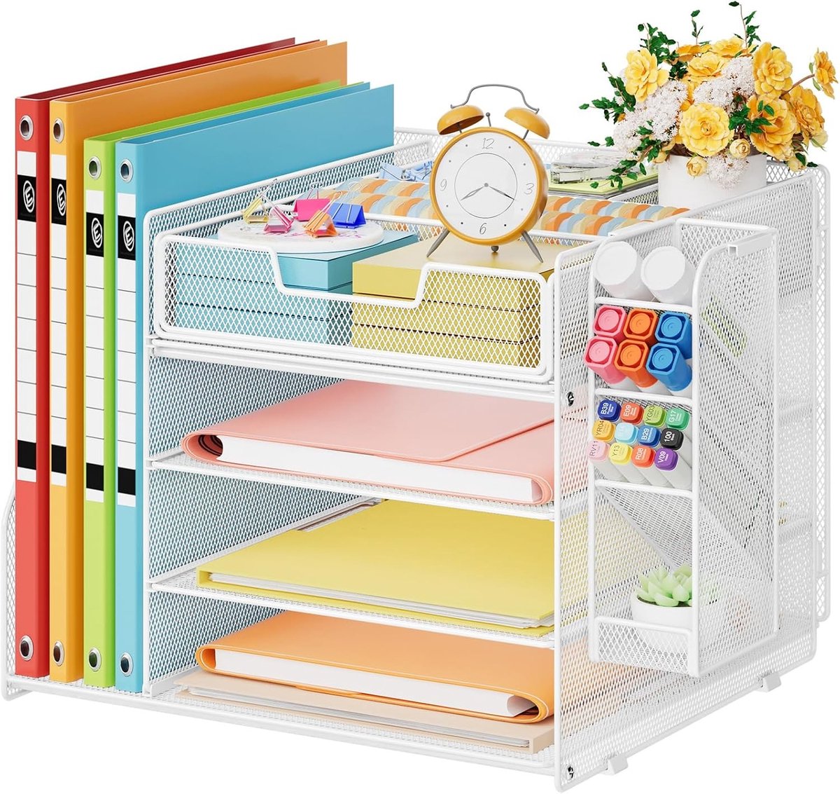 Organizer voor Bureau met 4 Laag Papieren Bins, Hangende Pennenhouder en 6 Verdeelde Laden, Ideaal voor Documenten en Tijdschriften in Thuiswerkplek (Wit)