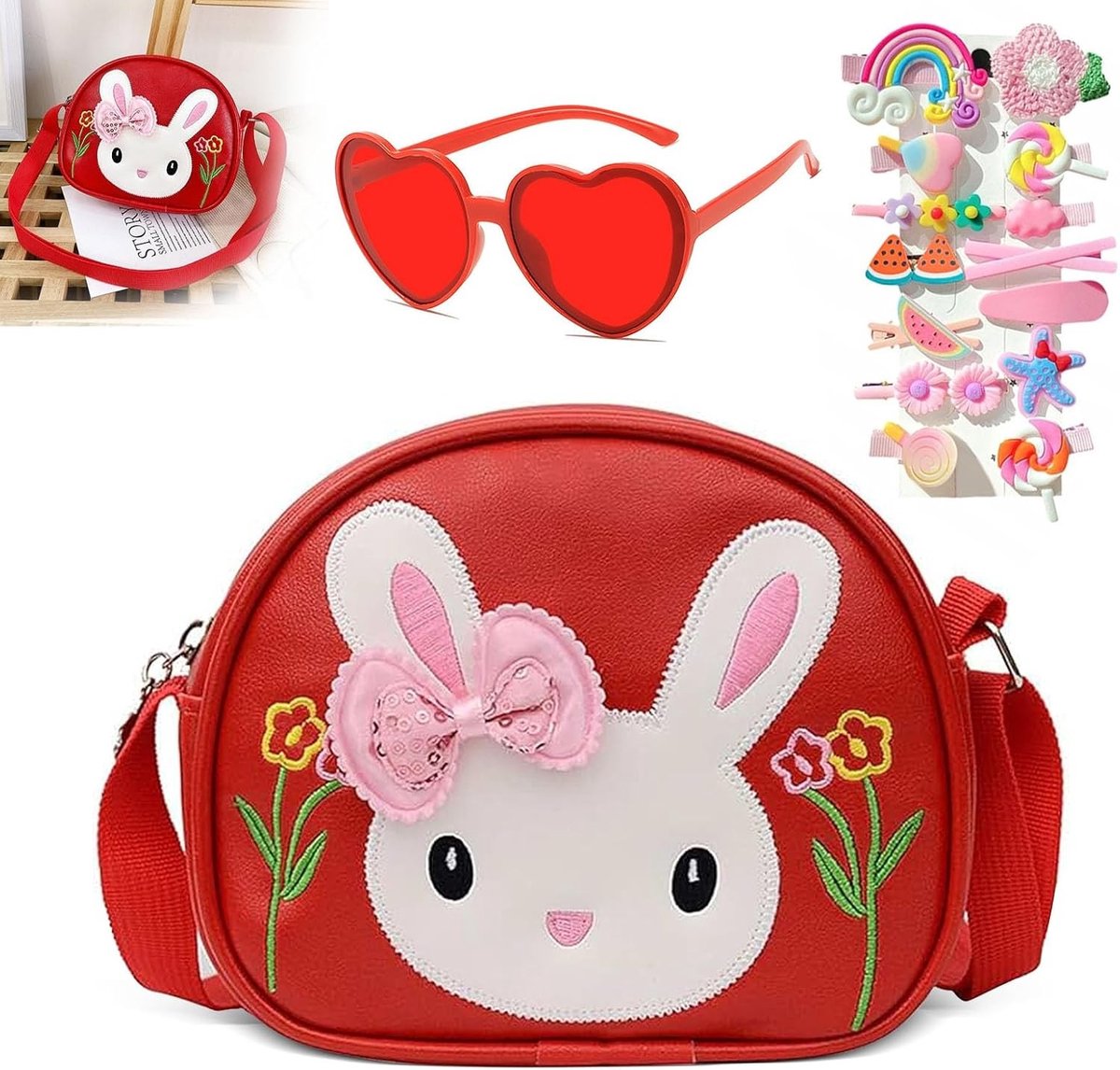 Schattige meisjeshandtas met 1 zonnebril en 14 haarspelden - PU leren prinsessen mini tas voor kinderen