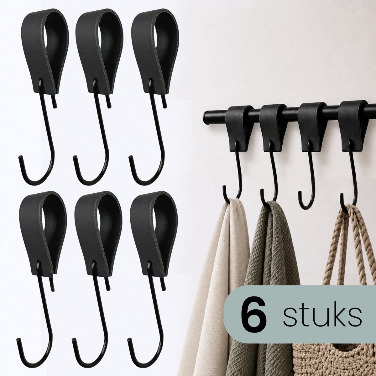HOYA living - Leren S-haak hangers - 6 stuks - Zwart