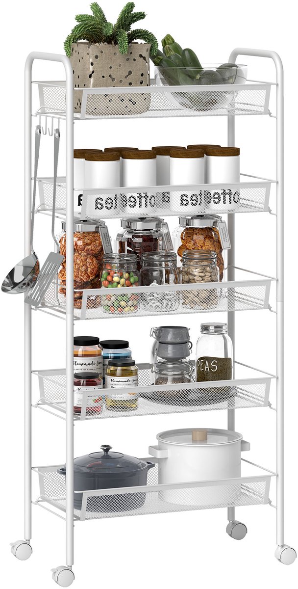 5-Tier Storage Trolley - Meatl Rolling Cart - Mesh Storage Cart - Smalle Opbergkar op Wielen - Wit