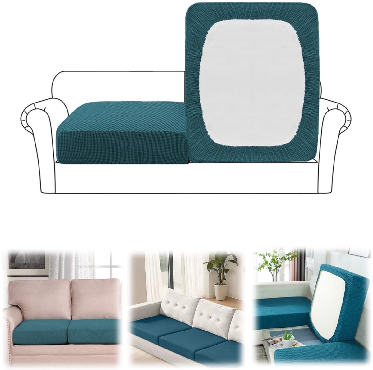 Set van 2 kussenhoezen – Bankbeschermer – Stretchhoezen – Geschikt voor alle seizoenen – Rekbare kussenhoes – Elastische onderkant – Volledig dekkende bankhoes – Voor vierkante kussens (63x63 cm – Cyaanblauw)