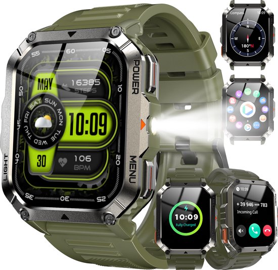 Robuuste Militaire Smartwatch voor Heren – Sporthorloge - Bluetooth - Bellen|opnemen - Bloeddrukmeter - SpO2 - 2,01-inch scherm - Fitnesstracker - stappenteller meter - Outdoor Smartwatch - Geschikt voor iOS/Android - Groente