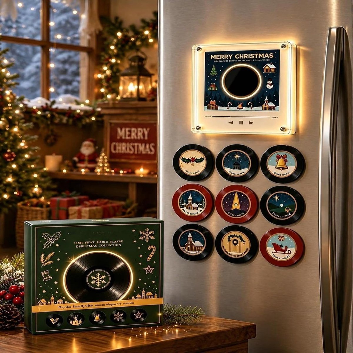 Kerst Muziek Magneten Voor Koelkast - Met LED-licht & 9 NFC Mini Vinylplaten - Muziekdoos Kit - USB-Oplaadbaar - Complete NFC-discspeler voor vinylliefhebbers - herbruikbaar decor voor kerstdecoraties, keuken en feest - Kersteditie 04
