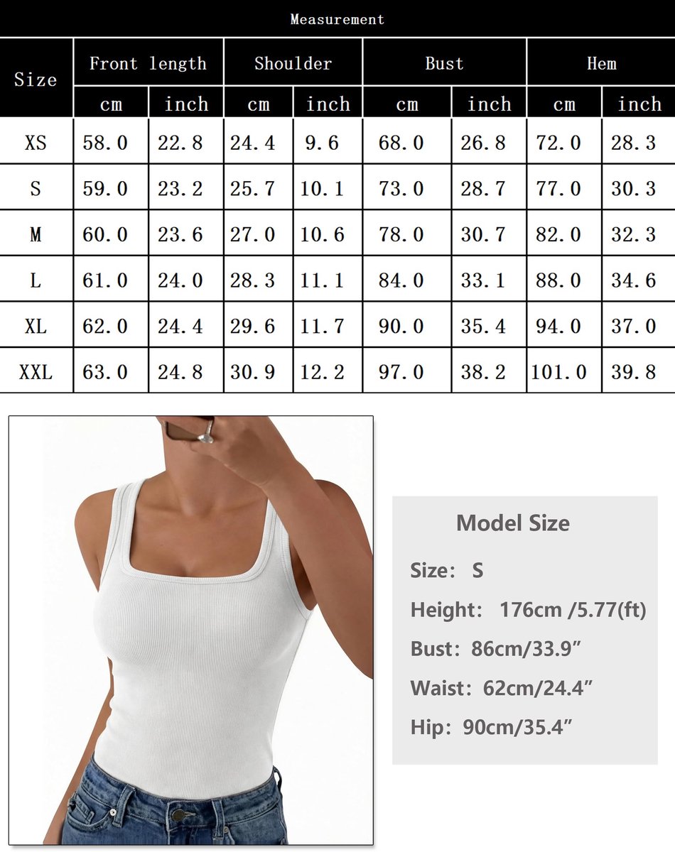 Aottori Tanktop voor dames, vierkante hals, geribbeld, zomer, wit, S - ShopVlot