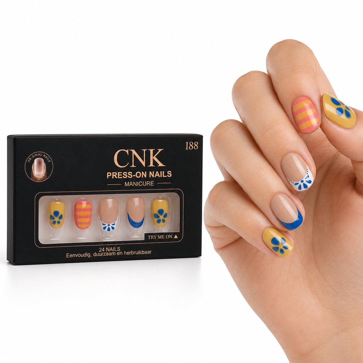 CNK 188 Press On Nails - Plaknagels - 24 Kunstnagels met Nagellijm, 24 Zelfklevende Plakstickers, Cleaner Wipe, Nagelvijl, Woodstick & Size Matcher - Nepnagels voor 7-14 Dagen - Herbruikbare Press-On Nagels - Starterspakket voor Manicure & Nail Art