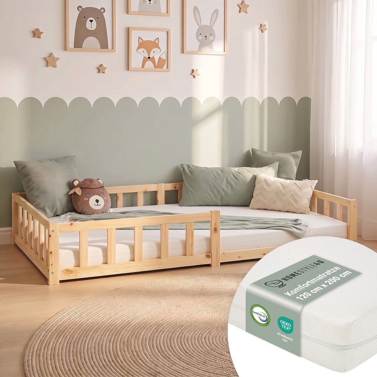 Homestyle4u Kinderbed 120x200 cm - Vloerbed met matras en valbeveiliging - Natuur Natuurlijke Kleuren