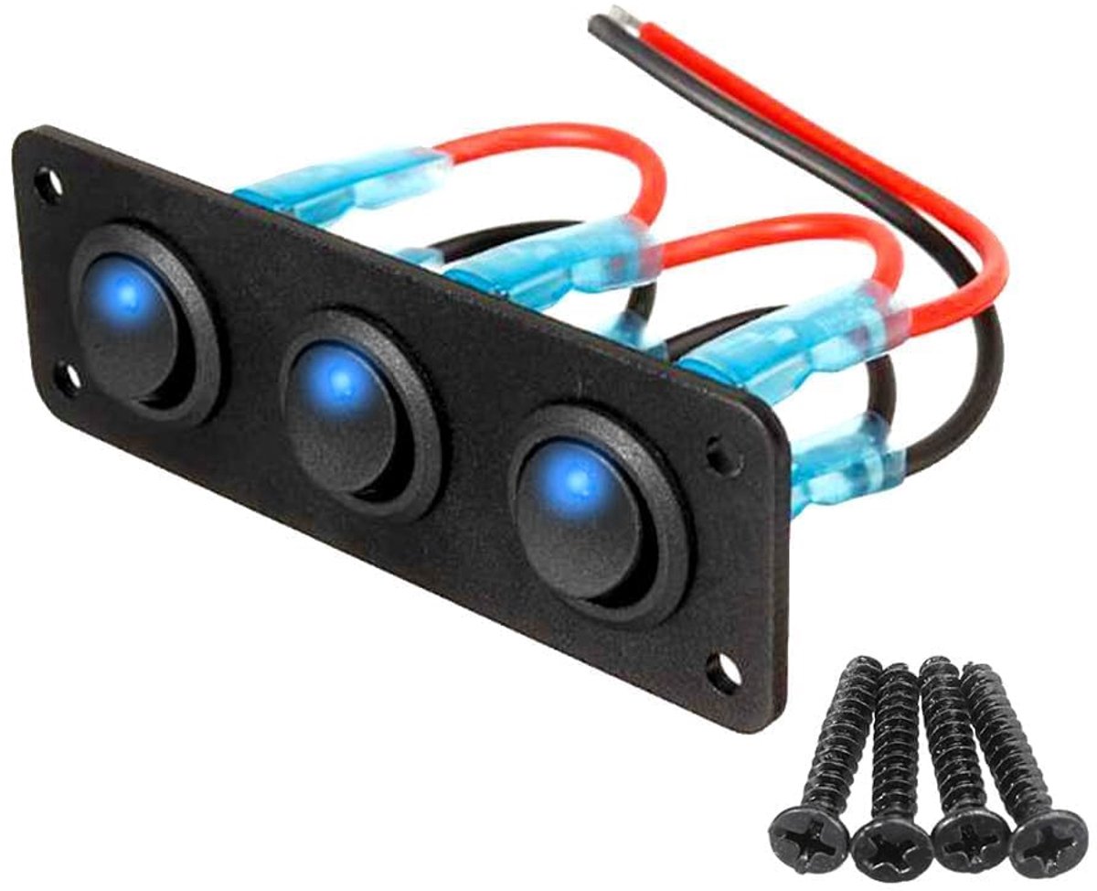 3-voudige ronde schakelaar met blauwe led, 12 V, 24 V, voor auto, vrachtwagen, racewagen, boot, 3 groepen - ShopVlot