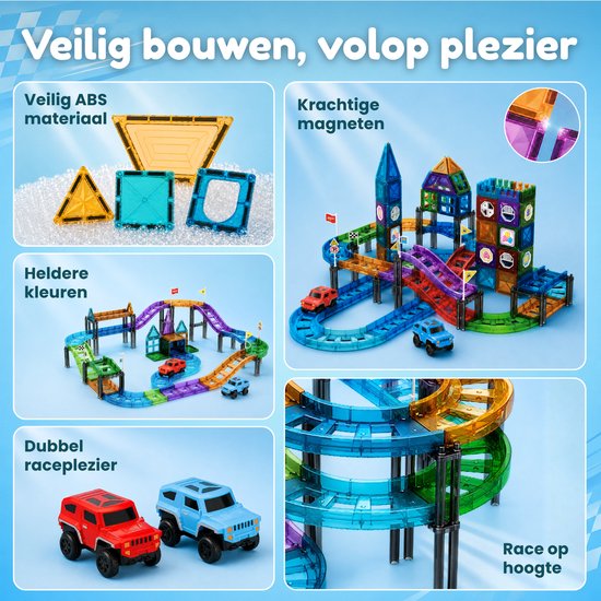 Collage toont magnetische bouwstenen, racebanen, twee auto's en close-up van magnetische verbindingen.