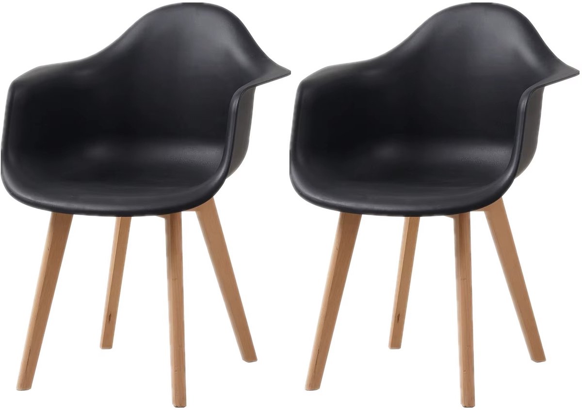 Whoopr® Set van 2 Scandinavische Eetkamerstoelen met Armleuningen – Retro Design Kuipstoelen met Beukenhouten Poten – Moderne Kunststof Stoelen voor Eetkamer & Woonkamer Zwart