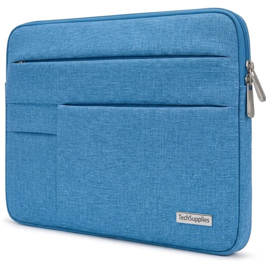 Tech Supplies blauwe laptoptas met twee voorvakken en zilverkleurige rits.