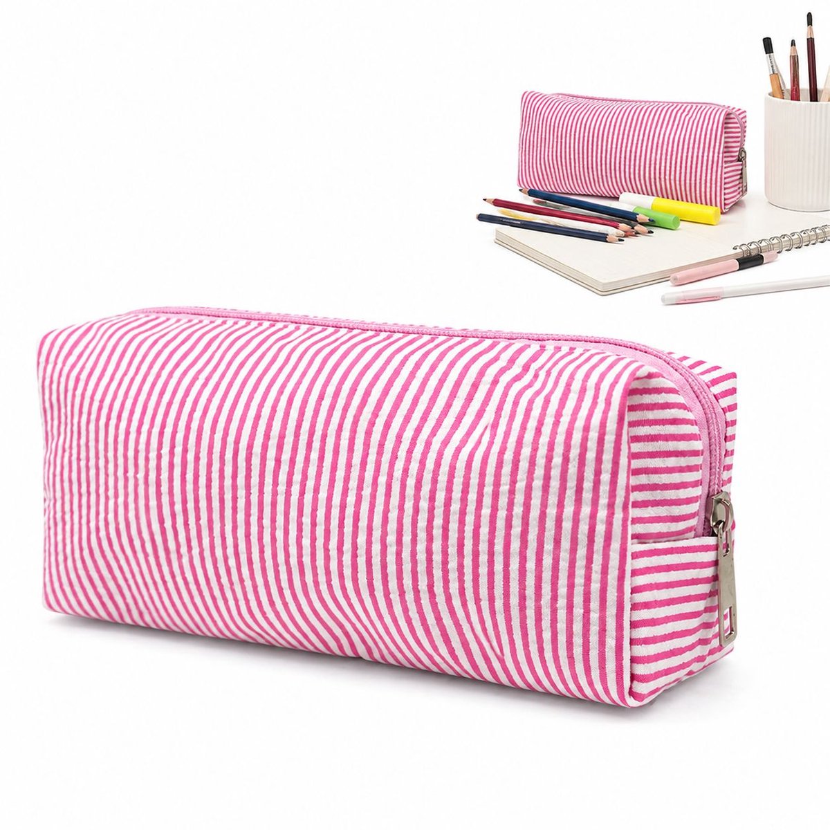 VHV - Etui - Grote Pennenzak - Duurzaam - Polyester - Soepele Rits - 21x7.5x8 cm -Voor School,Kantoor - Dieproze