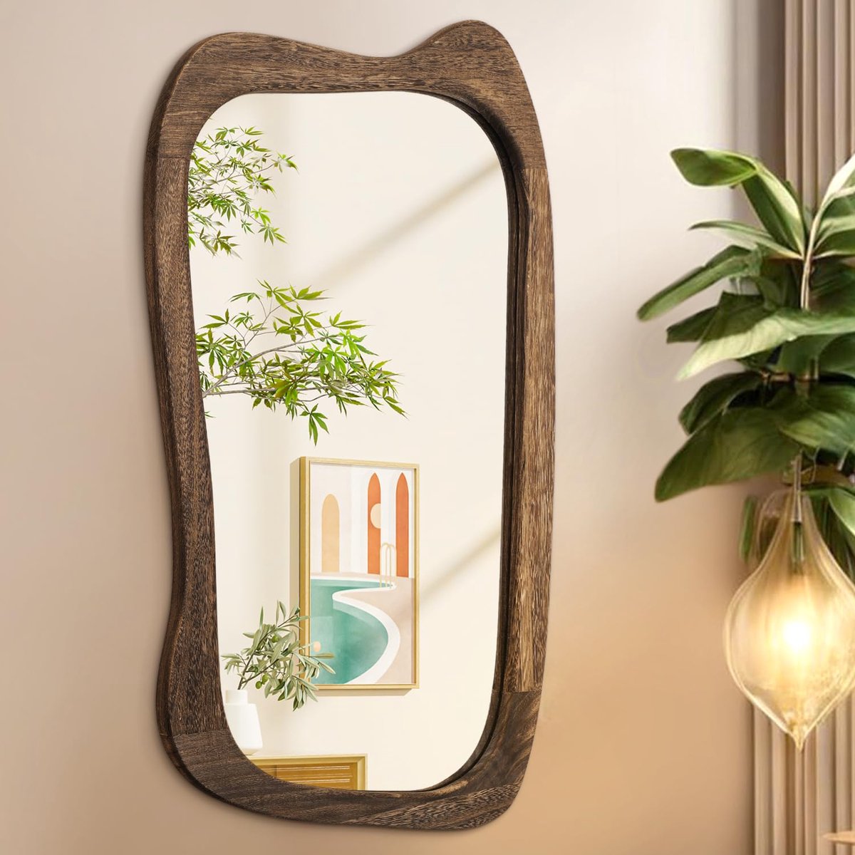 AAZZKANG Grote wandspiegel met houten frame, 90 x 60 cm, vintage, onregelmatige hangende spiegels, asymmetrisch - ShopVlot