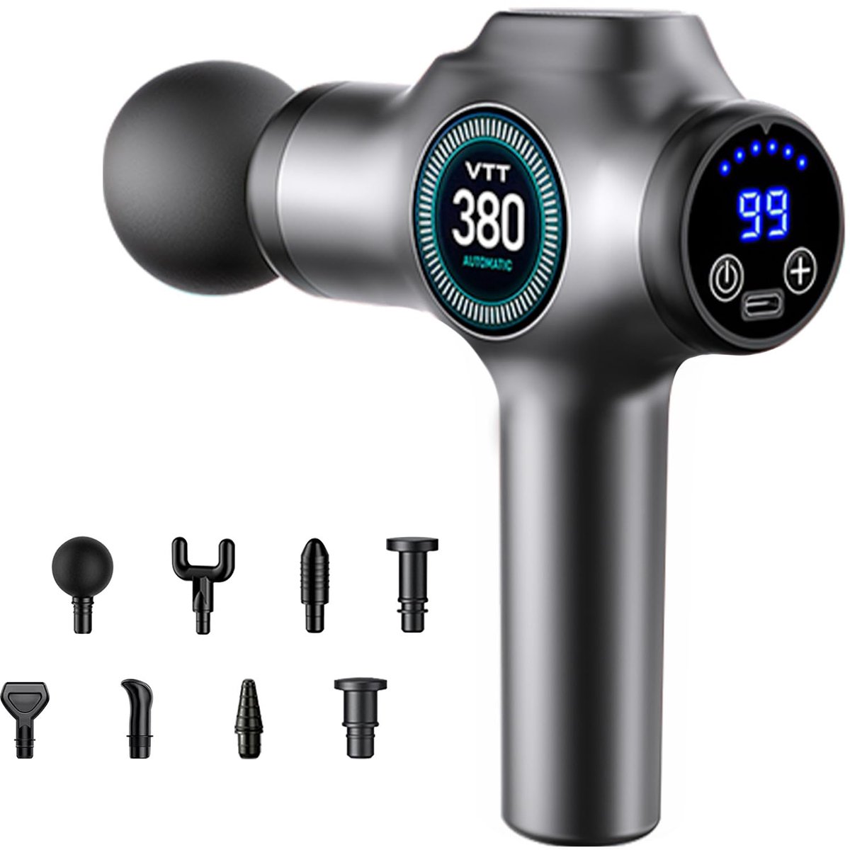 Massage Gun voor Spieren, 99 Snelheden, 9 Massagekoppen, Stil, LCD Touchscreen, USB-C, Grijs