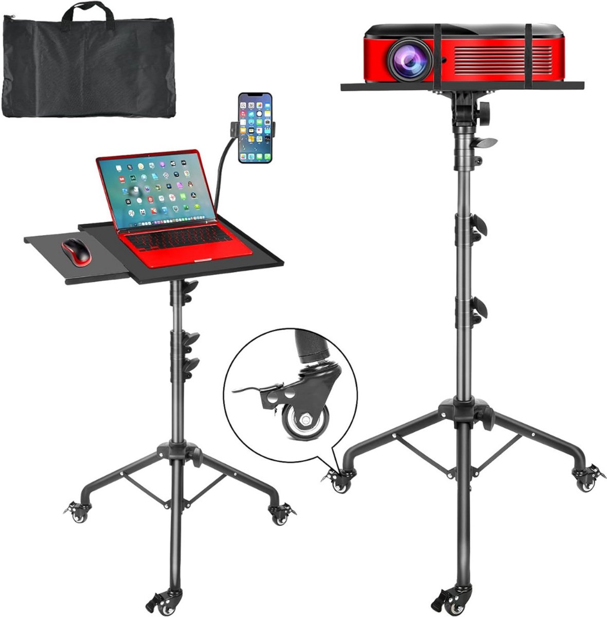 MIRA® Beamer Statief - Projector Statief Met Wieltjes – Beamer Statief Met Laptop Verdieping – Zwart - 39cm x 29cm x 43cm