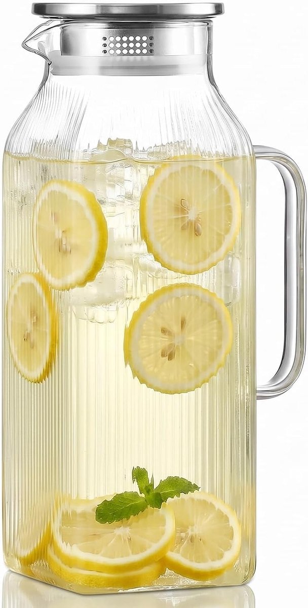 Waterjug - Glas - 2 Liter - Borosilicaatglas met RVS Deksel - Voor Koud en Warm Gebruik