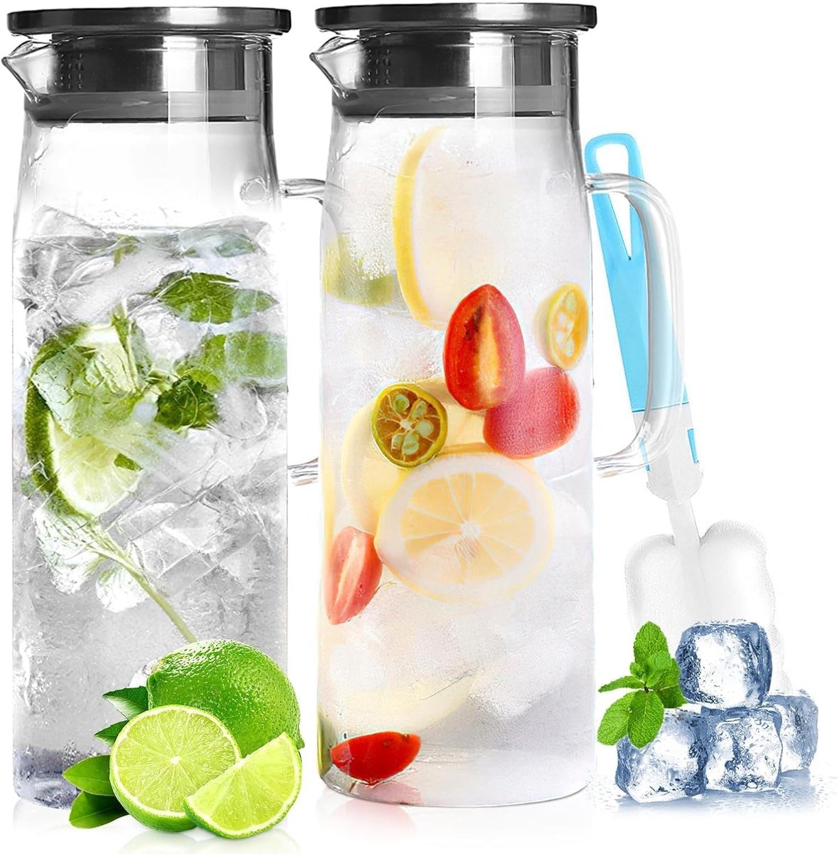Waterjug - Transparant - 1,5 Liter - Borosilicaatglas met RVS Deksel en Borstel - Voor Warme en Koude Dranken