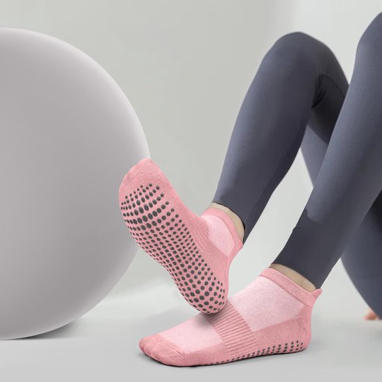 Set van 4 paar antislip-sportsokken - Stijl voor pilates en yoga (dames) - Eén maat (geschikt voor maat 36–41) - Zool met grip - Geschikt voor ballet, dans, revalidatie en fitness - Unisex - Zwart + Wit + Grijs + Roze — afbeelding 2