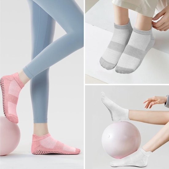 Set van 4 paar antislip-sportsokken - Stijl voor pilates en yoga (dames) - Eén maat (geschikt voor maat 36–41) - Zool met grip - Geschikt voor ballet, dans, revalidatie en fitness - Unisex - Zwart + Wit + Grijs + Roze — afbeelding 4