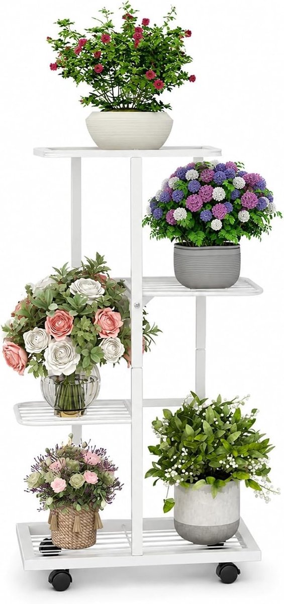 PolkaHome Plantenstandaard op wielen, wit bloemenrek 4 niveaus voor binnen, beweegbare plantenstandaard van metaal voor woonkamer, balkon, slaapkamer en entree