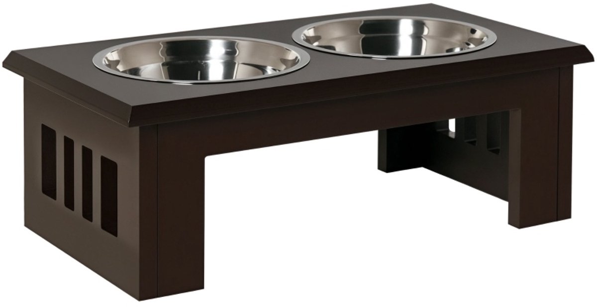 MODFU - Voerbak - Dubbel Verhoogd - RVS Kommen - Anti-Slip - Espresso - 58,4 x 30,5 x 25,4 cm