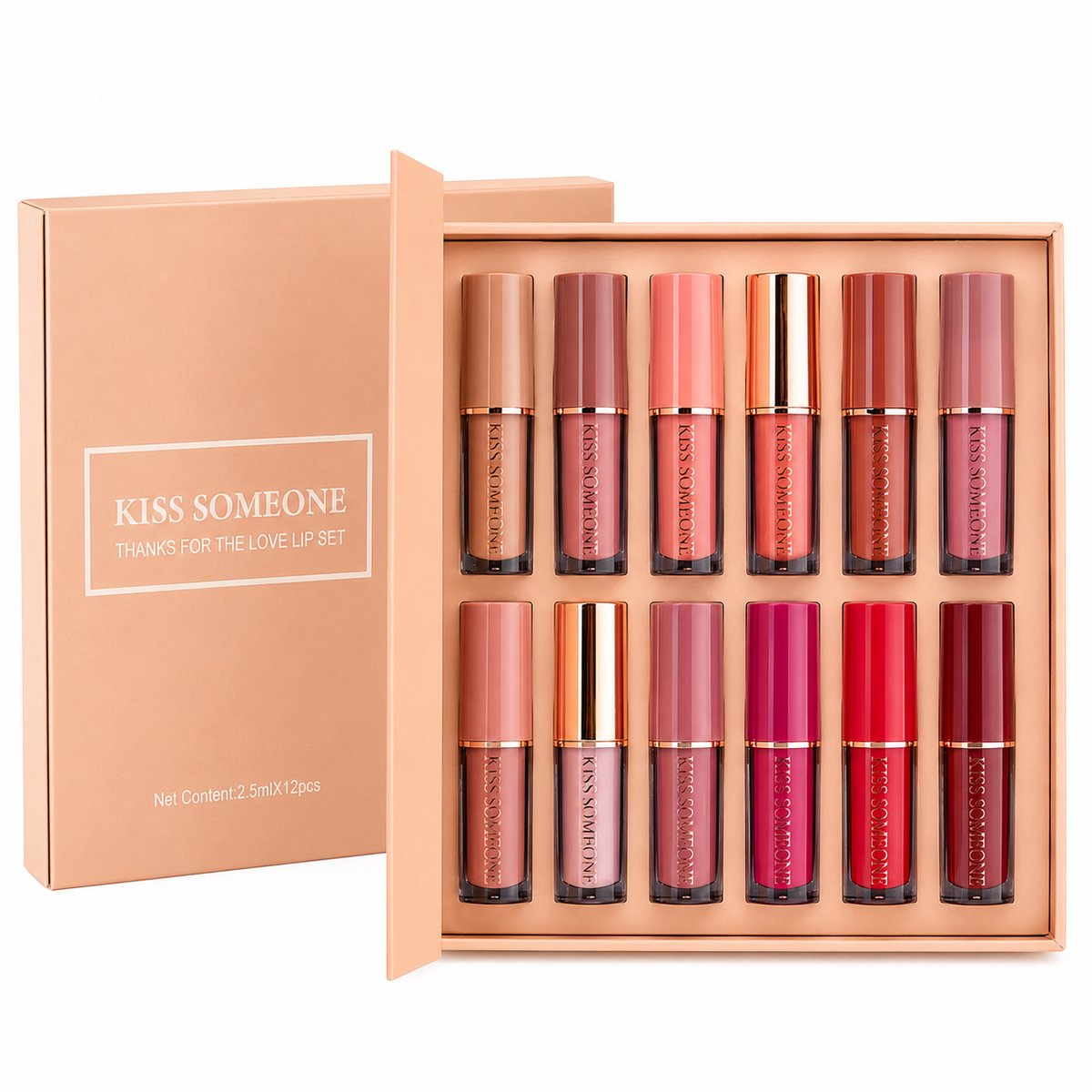 KISS SOMEONE Liquid Lipstick Set – 12 Kleuren Matte Lipstick – Langhoudend & Waterproof – Lippen Make-up – Geschenkset