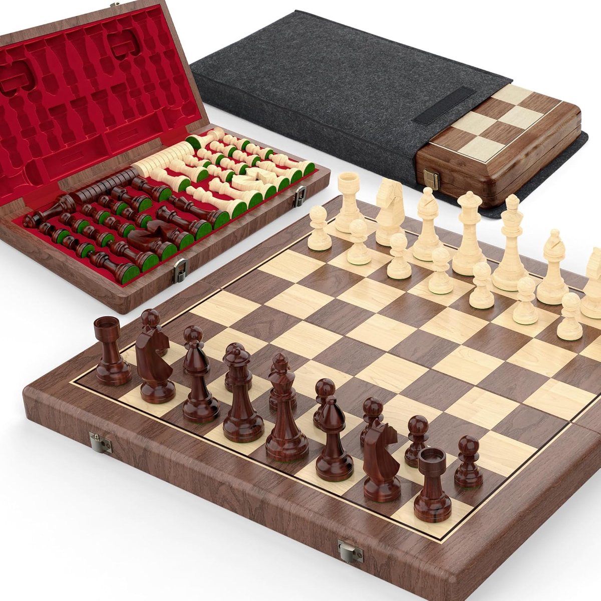 38 cm walnoot magnetisch schaak- en dammenset, 2-in-1 opvouwbaar houten bordspel met Staunton-figuren, 2 extra dames, tegels en stofzak