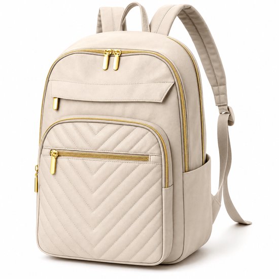 Off-white damesrugzak met chevron-stiksels op de voorzak en goudkleurige ritsen.