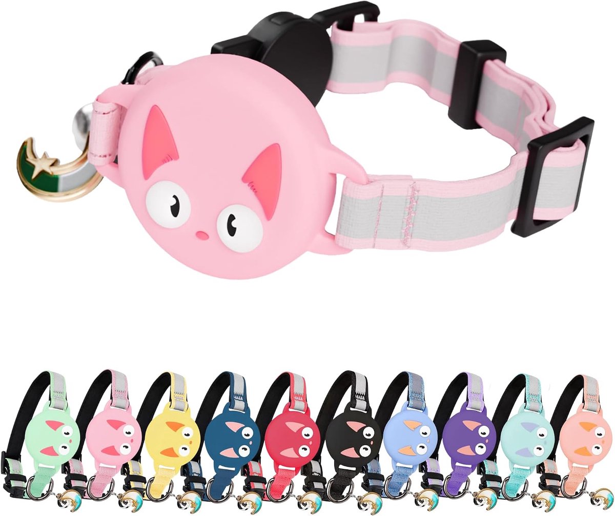 Afneembare Air Tag-halsband voor Apple AirTag, reflecterend, lichtgevend, waterdichte GPS-tracker voor katten en kittens, verstelbaar, inclusief belletje, geel (23-30 cm)