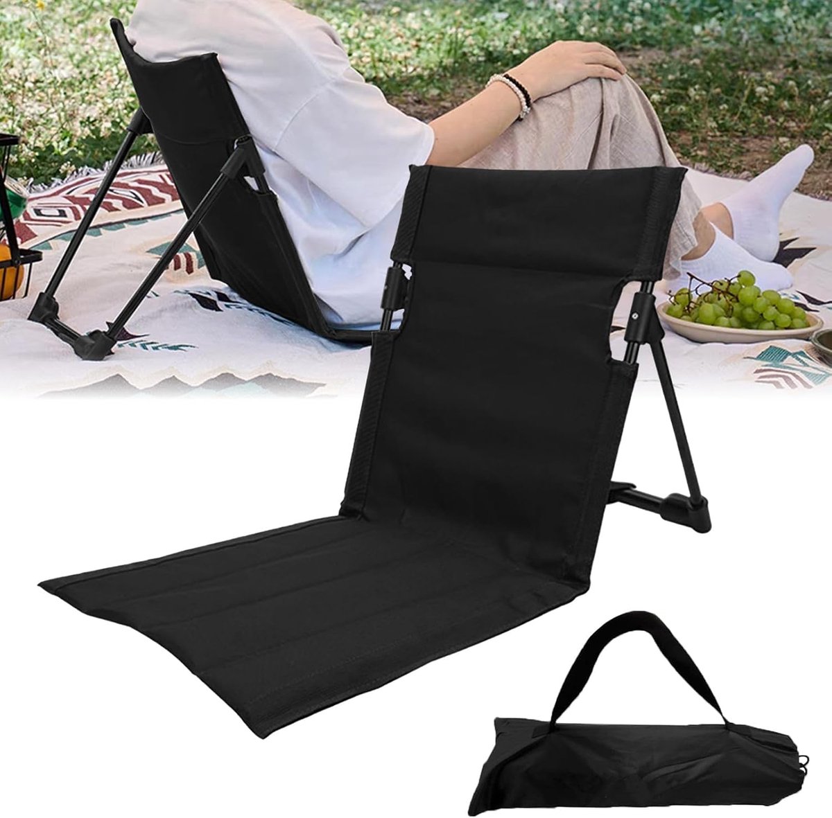 Strandmat met rugleuning, inklapbare strandstoel, 600D Oxford-weefsel, strandstoel, lichte vloerstoel, zitkussen, outdoor, voor camping, strand, achtertuin, picknick, graskleur (zwart)