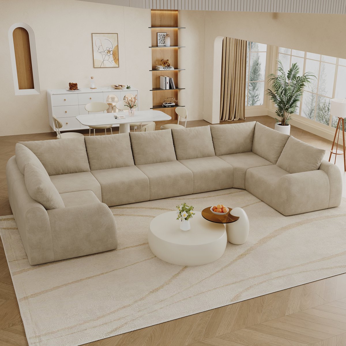 REDOM - U-bank - 7-zits - Chenille bekleding - Hoge elasticiteit schuimvulling - Modulaire vorm - Woonkamer - Stof - Khaki - 411 x 200 x 85 cm