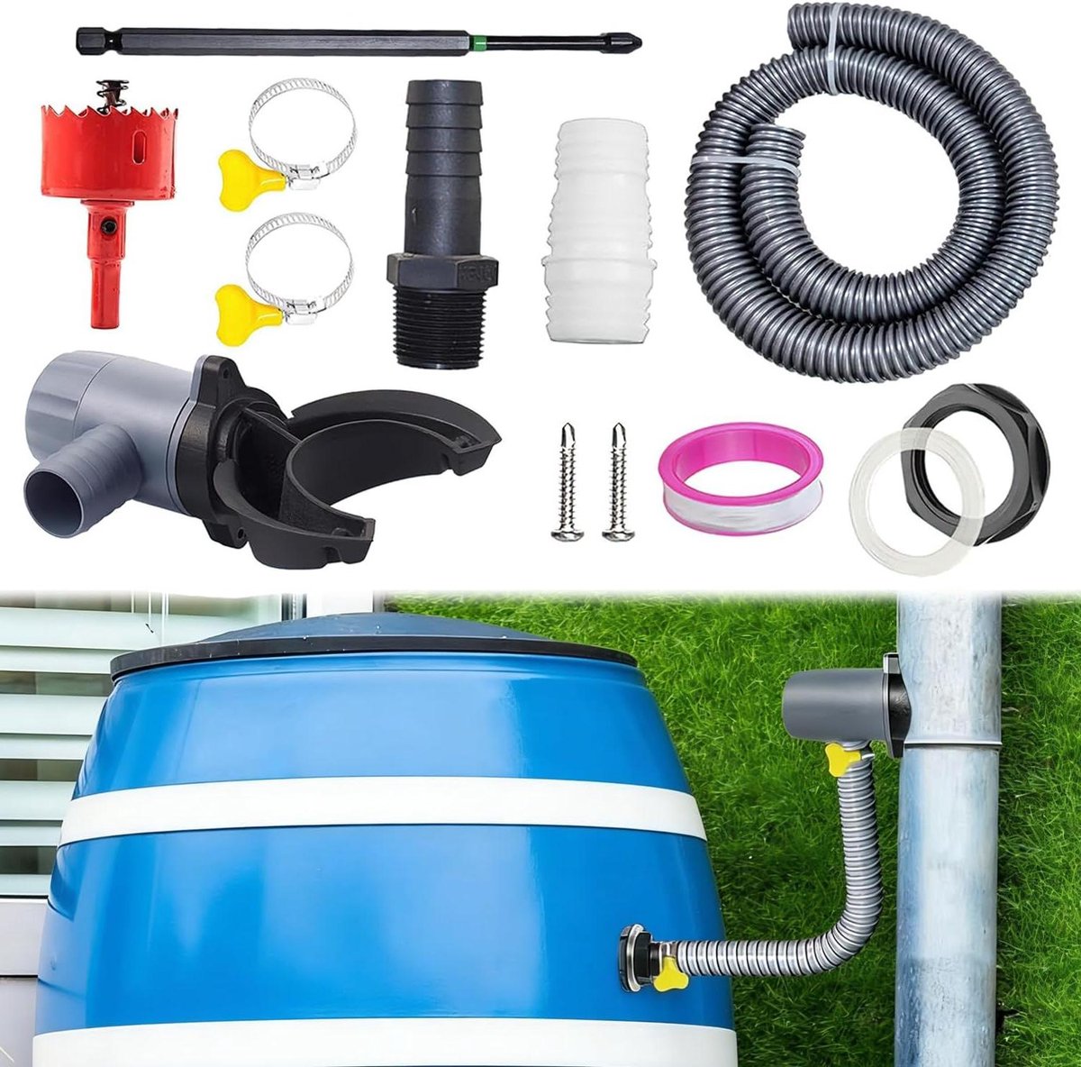Regenwateropvangbak - Waterverzamelaar - Tuin Irrigatie - Flexibele Regenpijp - Tot 80m² Dak - Zwart