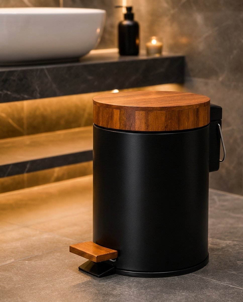 Pedaalemmer 3L - Zwart - Houten Deksel -Softclose - Afvalemmer voor Badkamer, Toilet en keuken