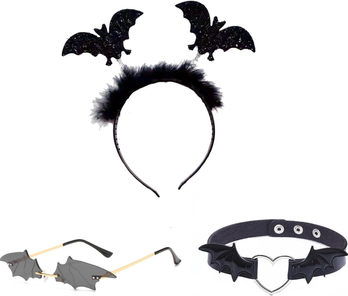Halloween Vleermuis Set met Zonnebril, Oren en Ketting - Perfecte Accessoires voor Feestdecoratie en Kostuums
