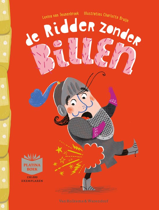 Boekomslag met de titel 'De Ridder Zonder Billen'. Een ridder met helm en harnas is te zien, met rode wangen en een beugel. Er zit een rode ster met gele bliksemschichten op zijn billen.