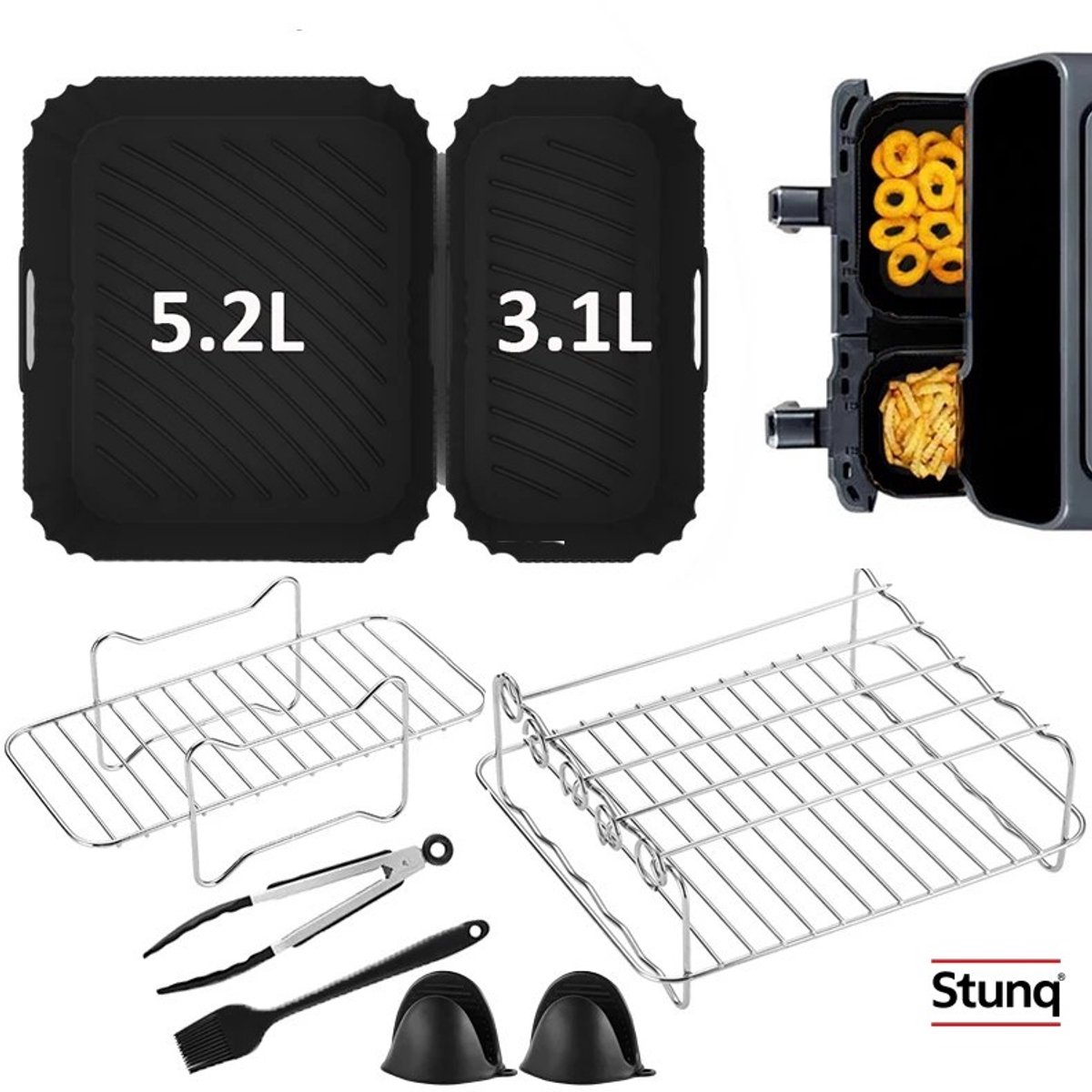 Stunq® Siliconen Airfryer Accessoireset 5.2L & 3.1L met Grillrekken en Keukengerei