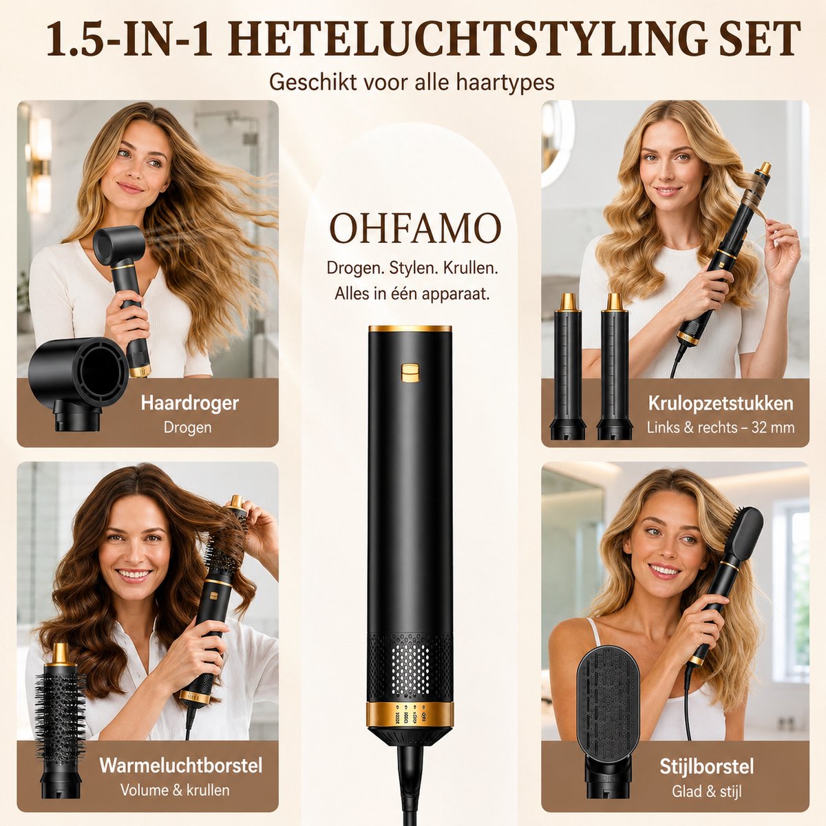 5-in-1 Air Styler – Heteluchtborstel met Ionische Föhn, Krultang, Stijltang & Volume Styler