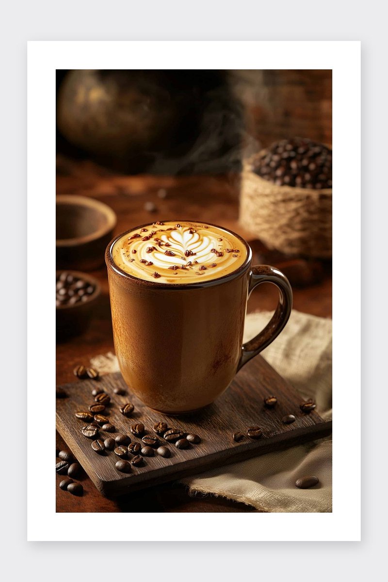 Koffie Poster - Latte - Warm - Warme Drank - Koffiehuis - Gezellige - Drank - posters - formaat 30x40cm - Wanddecoratie - BXS4391KMD - Met kader - passe-partouts stijl