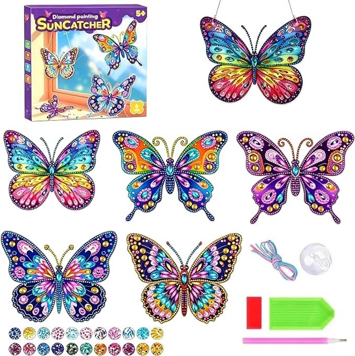 PolkaHome Diamond Painting Knutselset voor Meisjes - 5 Vlinder Zonvangers met 3D Effect - Creatief Cadeau voor Kinderen vanaf 6 jaar
