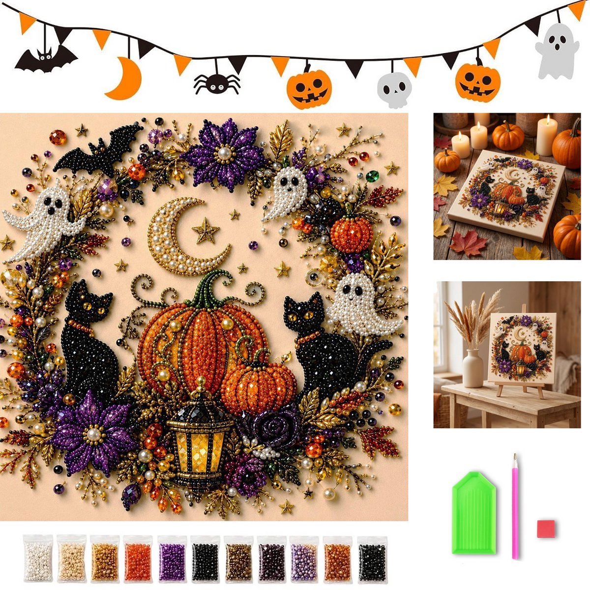 KZQ 3D Parelkunst DIY Set - Pompoen - 20x20 cm - Beginnersvriendelijk - Complete Set Met Parels & Gereedschap - Halloween Wanddecoratie